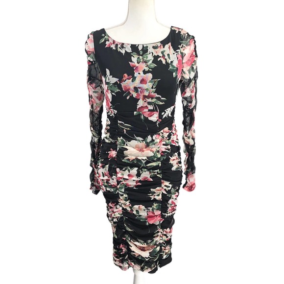 Lulu’s NWOT Womens Size Small Ruched Mesh Ayana Dress in Black Floral Print - Picture 2 of 9